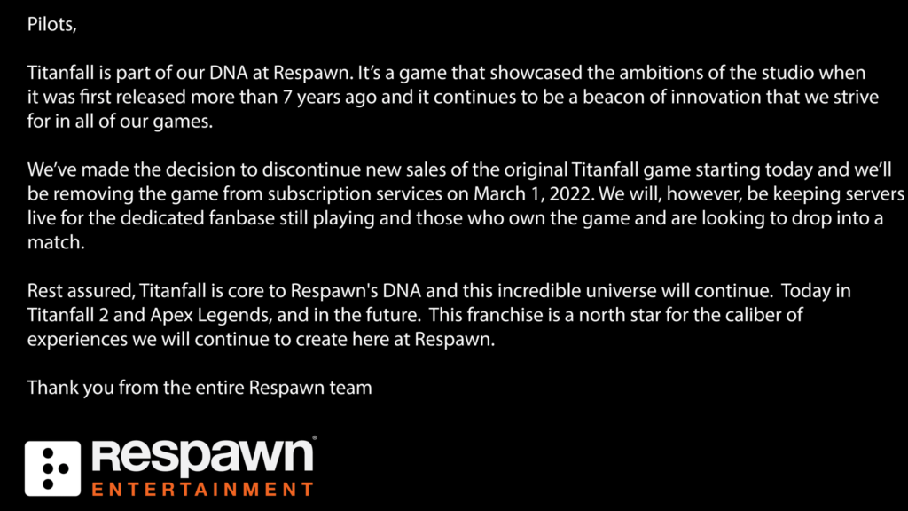 Прекращение продаж Titanfall и продолжение вселенной игры